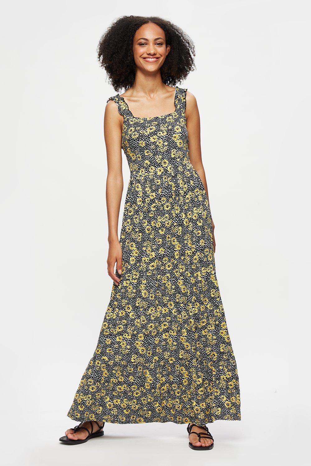 Tall Yellow Floral Strappy Tiered Maxi ...